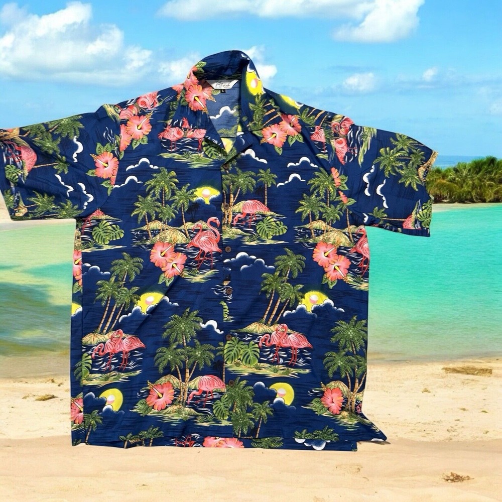 Lvish Flammingo Floral Short Sleeve Button Up Sz L  Hawaiian Summer Surfer aloha